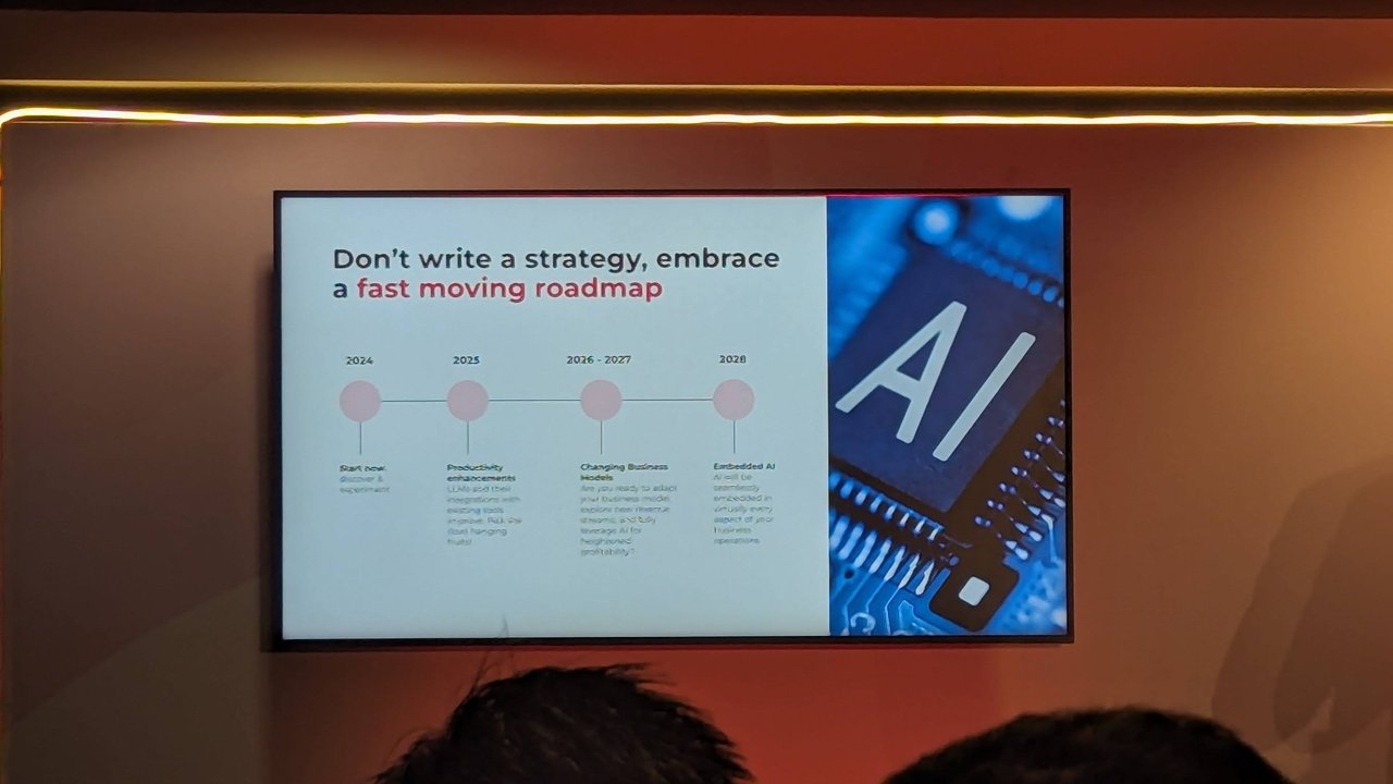 Slide titled Don't write a strategy, embrace a fast moving roadmap, with a timeline from 2024 to 2028 and a picture of a chip labelled AI