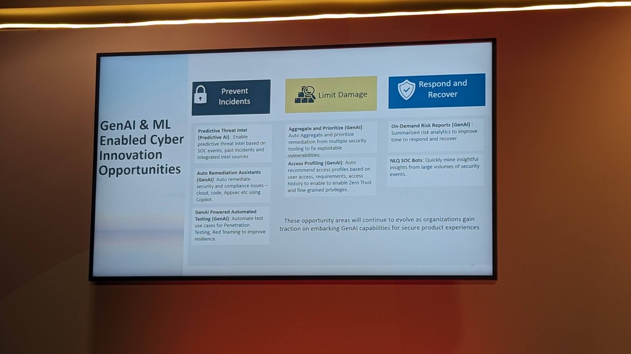 Slide GenAI and ML Enabled Cyber Innovation Opportunities, with three columns: Prevent Incidents, Limit Damage, and Respond and Recover