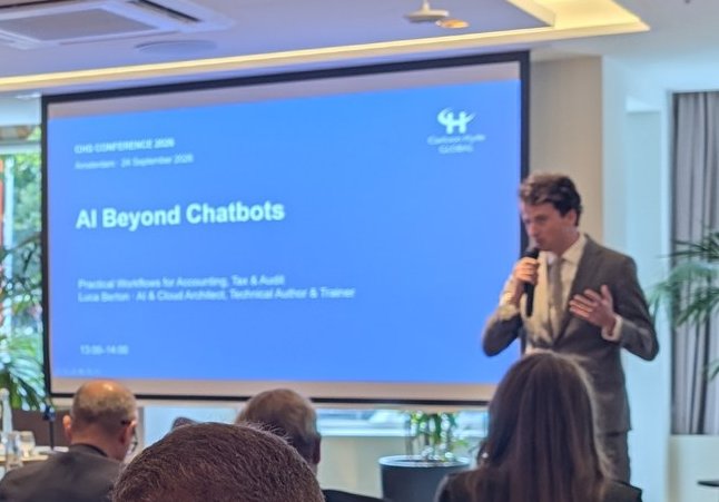 Slide reading CHG Conference 2026, Amsterdam, 24 September 2026, AI Beyond Chatbots, Practical Workflows for Accounting, Tax & Audit, Luca Berton, 13:00 to 14:00
