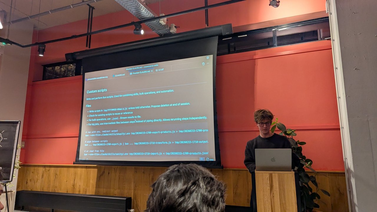 CLAUDE.md preview at Claude Code Meetup Amsterdam with Custom scripts rules for Bun scripts in tmp, JSONL for bulk operations and intermediate files between steps