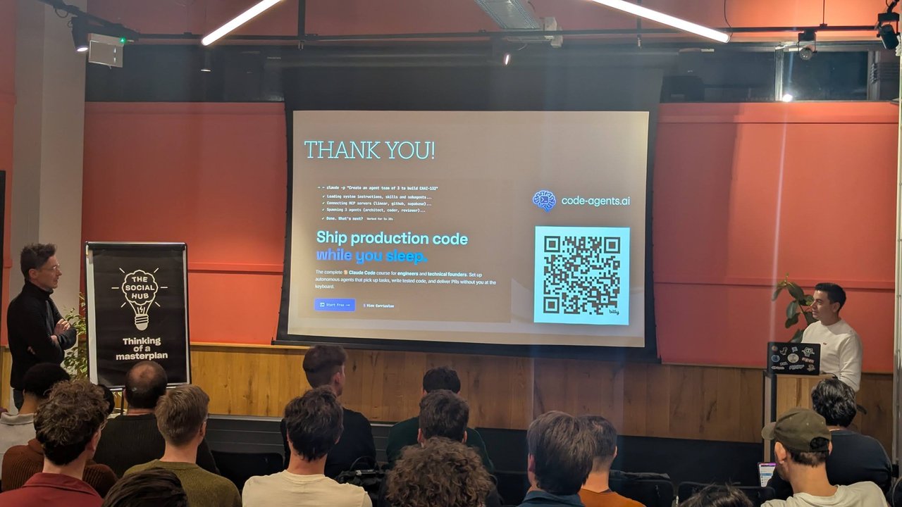 Thank you slide at Claude Code Meetup Amsterdam for code-agents.ai with a claude -p command spawning architect, coder and reviewer agents, and the line Ship production code while you sleep