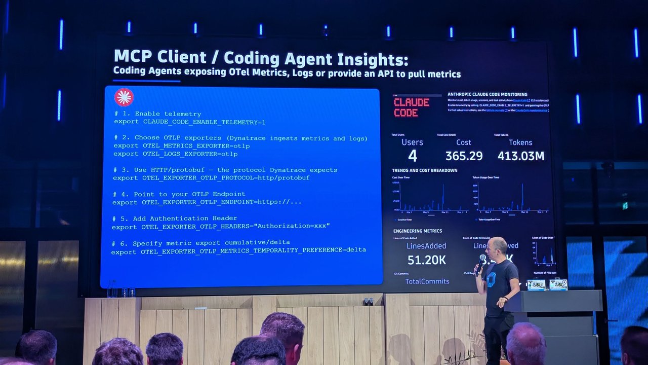 Signal Overflow slide MCP Client / Coding Agent Insights listing the CLAUDE_CODE_ENABLE_TELEMETRY and OTEL_EXPORTER_OTLP environment variables next to a Claude Code monitoring dashboard with users, cost, tokens and lines added
