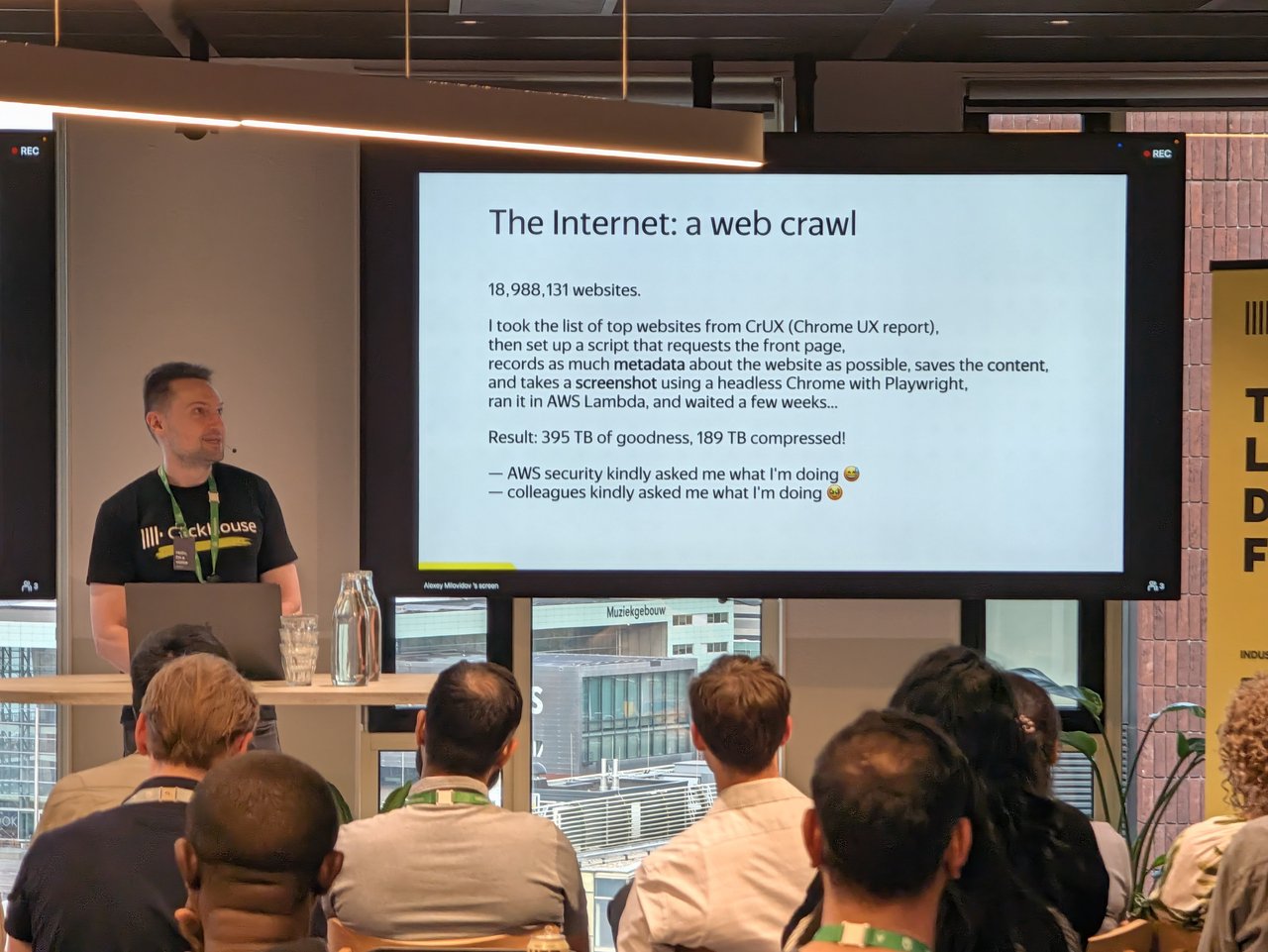 Alexey Milovidov on stage next to the slide The Internet: a web crawl, 18,988,131 websites from CrUX, 395 TB of data, 189 TB compressed