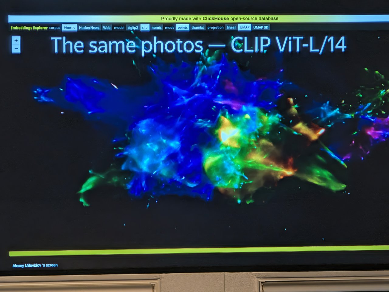 Embeddings Explorer showing the same photos projected with CLIP ViT-L/14 as a colourful UMAP cloud