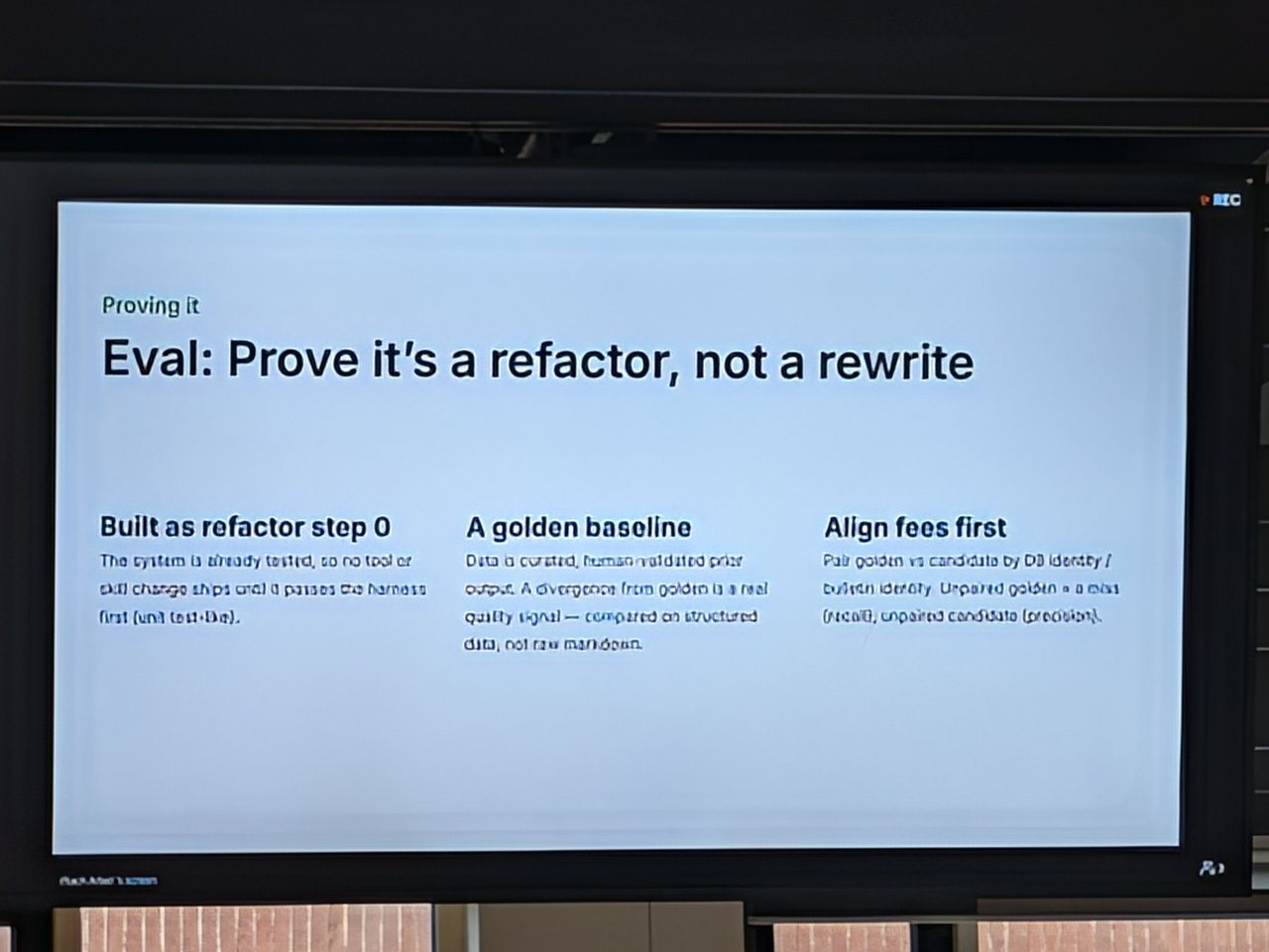 Slide: Eval: Prove it's a refactor, not a rewrite, with three columns: built as refactor step 0, a golden baseline, align fees first