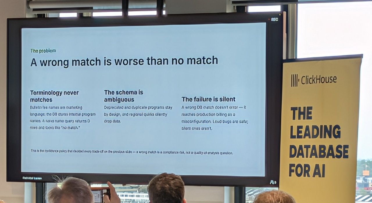 Adyen slide: A wrong match is worse than no match, with three columns: terminology never matches, the schema is ambiguous, the failure is silent