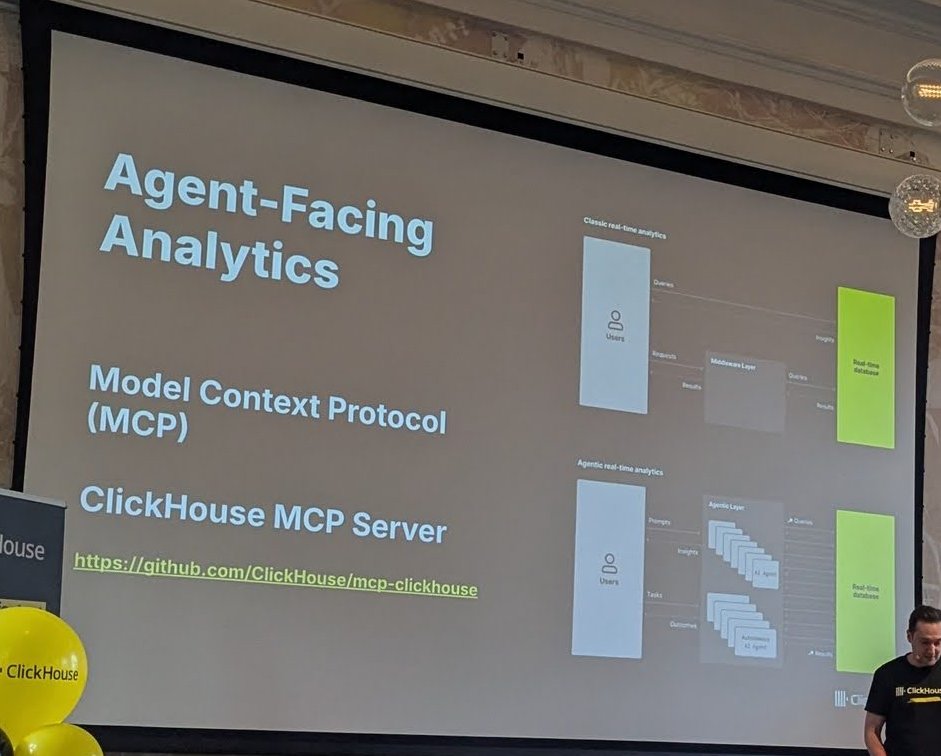 Agent-Facing Analytics slide naming the Model Context Protocol and the ClickHouse MCP Server with the github.com/ClickHouse/mcp-clickhouse link, next to diagrams of classic and agentic real-time analytics