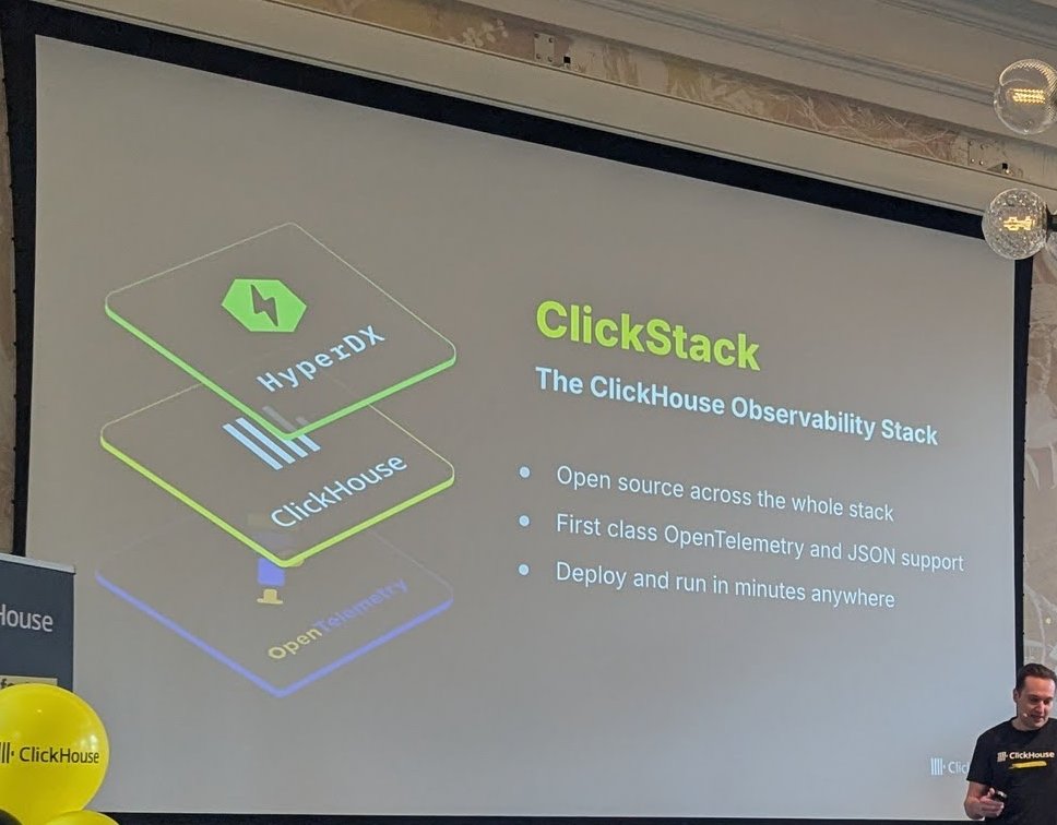 ClickStack slide showing HyperDX, ClickHouse and OpenTelemetry as stacked layers, with the bullets open source across the whole stack, first class OpenTelemetry and JSON support, deploy and run in minutes anywhere