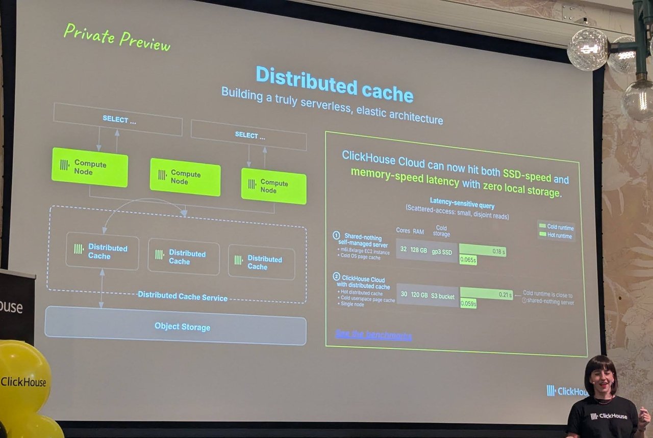 Distributed cache slide marked Private Preview: three compute nodes over a distributed cache service over object storage, with a latency benchmark against a self-managed SSD server