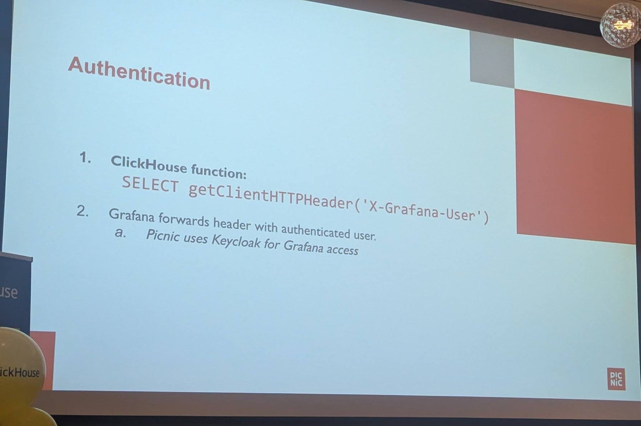 Picnic Authentication slide: step one, the ClickHouse function SELECT getClientHTTPHeader X-Grafana-User; step two, Grafana forwards the header with the authenticated user, and Picnic uses Keycloak for Grafana access