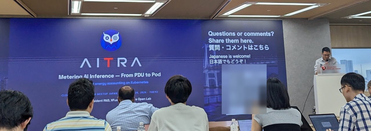 Title slide: AITRA, Metering AI Inference – From PDU to Pod, with the speaker at the lectern