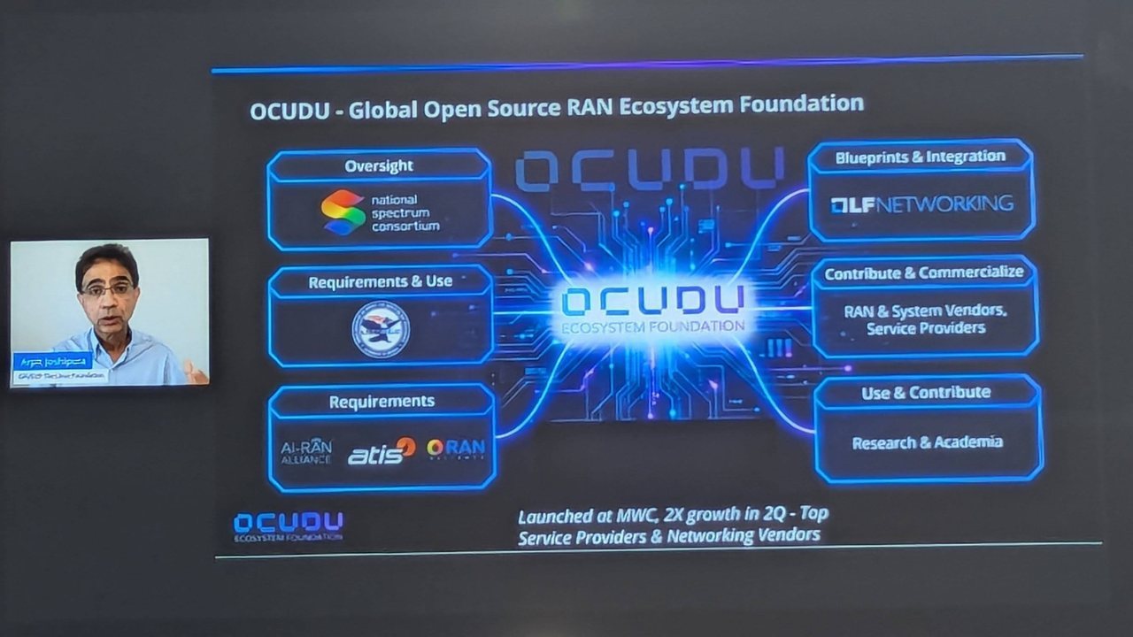 The OCUDU Global Open Source RAN Ecosystem Foundation slide, with Arpit Joshipura on video