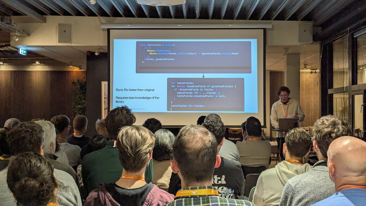 Code slide at the Cloudflare meetup comparing a useMemo and Object.fromEntries filter with a plain for loop that runs 15x faster