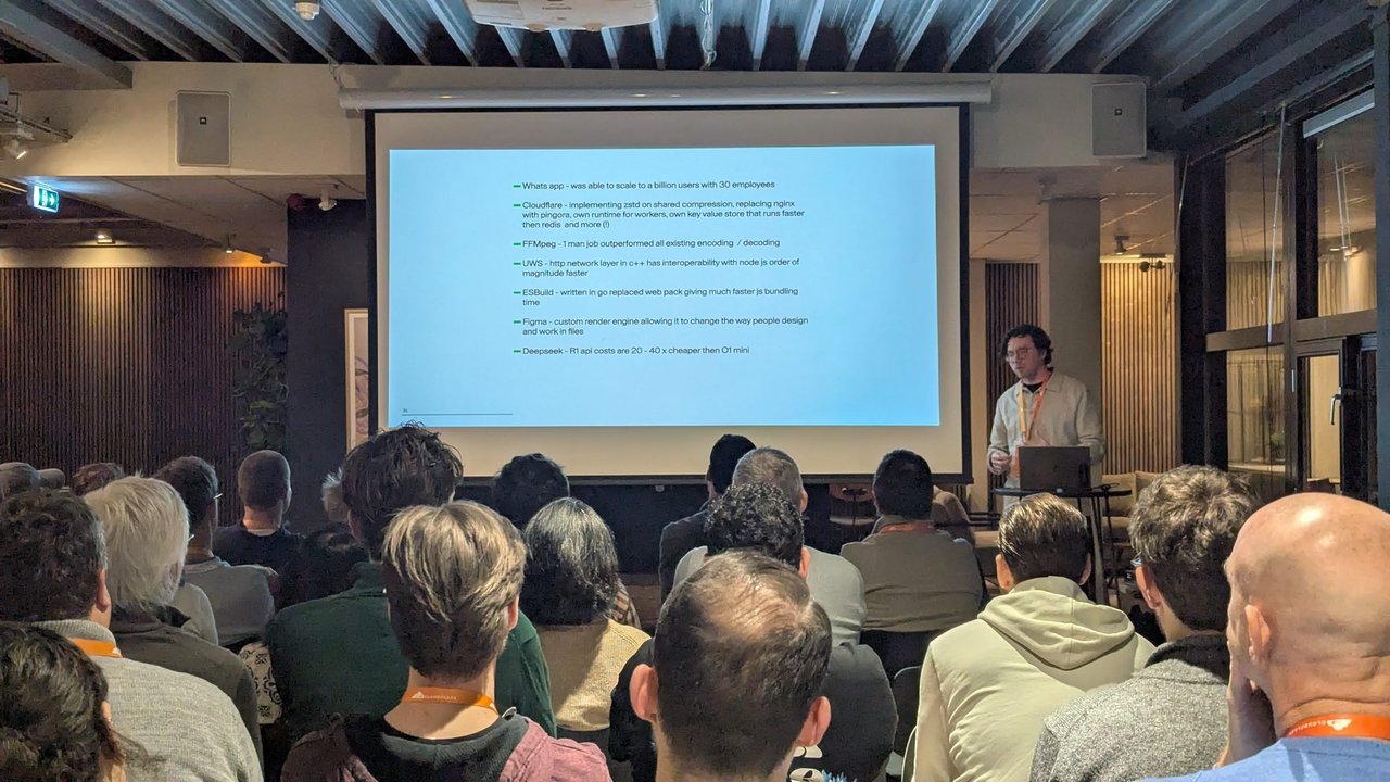 Slide of lean engineering examples at the Cloudflare meetup: WhatsApp, Cloudflare Pingora, FFmpeg, uWS, esbuild, Figma and DeepSeek R1