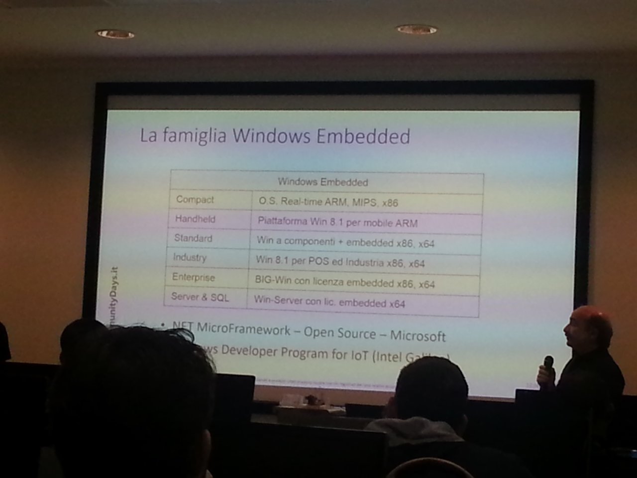 IoT session at Community Days 2015: slide titled La famiglia Windows Embedded with a table of Compact, Handheld, Standard, Industry, Enterprise and Server and SQL editions, plus bullets on .NET MicroFramework and the Developer Program for IoT with Intel Galileo