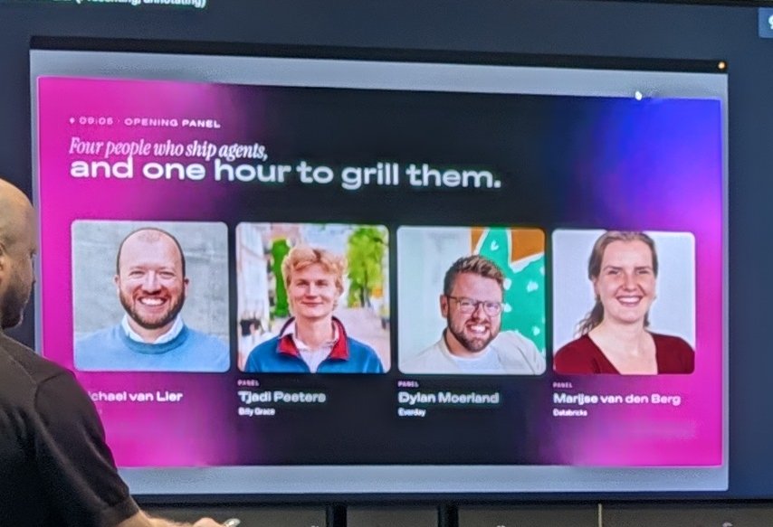 Opening panel slide reading Four people who ship agents, and one hour to grill them, with headshots of Michael van Lier, Tjadi Peeters, Dylan Moerland and a Databricks panellist