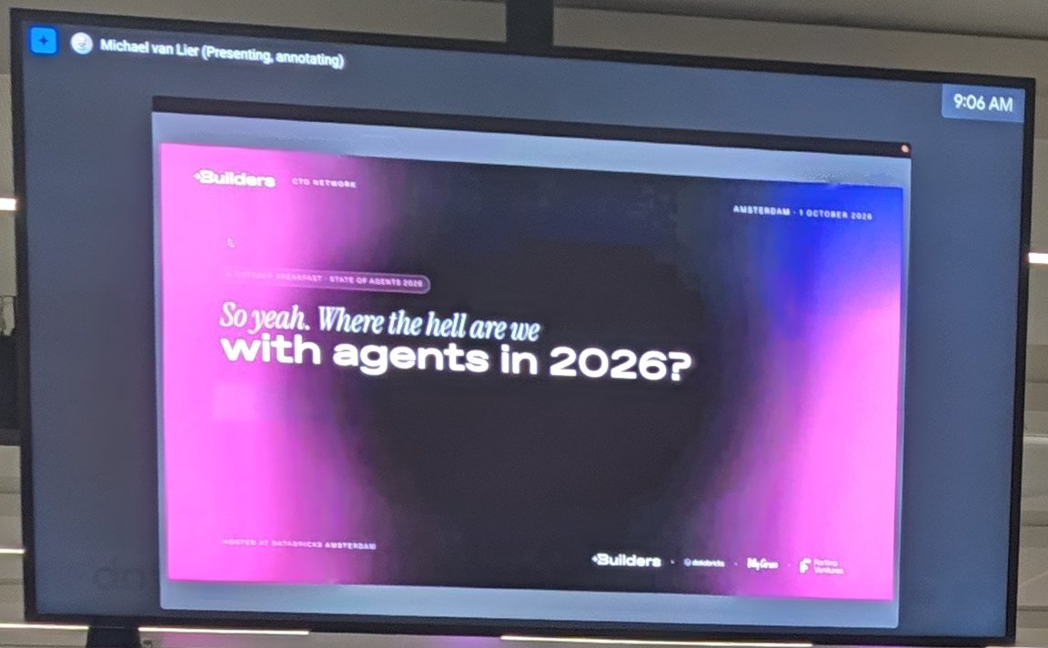 Title slide on a ceiling screen reading So yeah. Where the hell are we with agents in 2026?, branded Builders CTO Network, Amsterdam, 1 October 2026