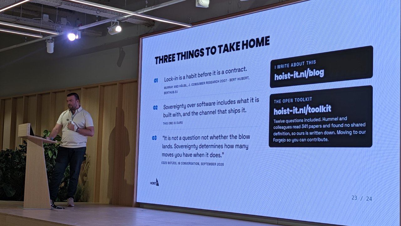 Closing slide "Three things to take home": lock-in is a habit before it is a contract, sovereignty over software includes the channel that ships it, and a quote on how many moves you have