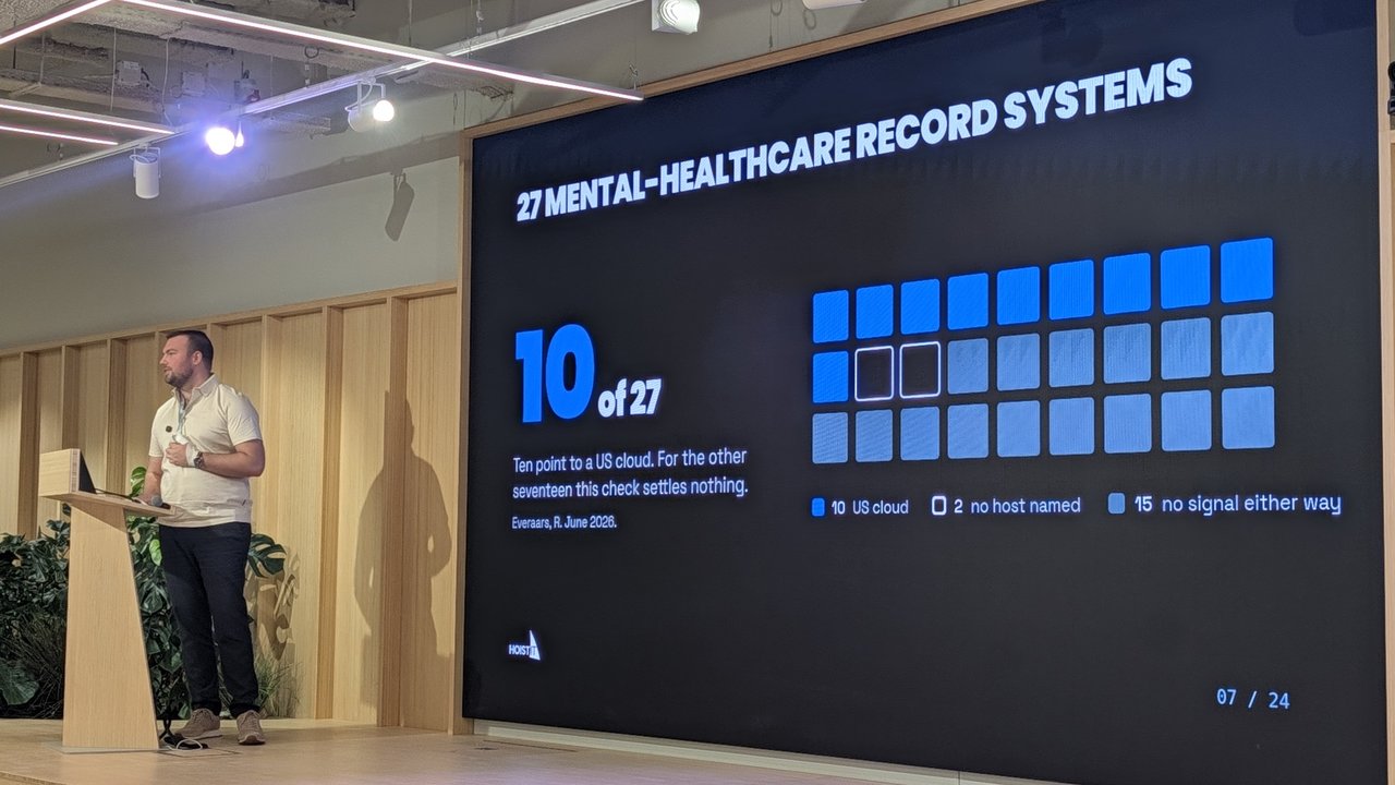 Slide "27 mental-healthcare record systems": 10 of 27 point to a US cloud, 2 have no host named, 15 give no signal either way