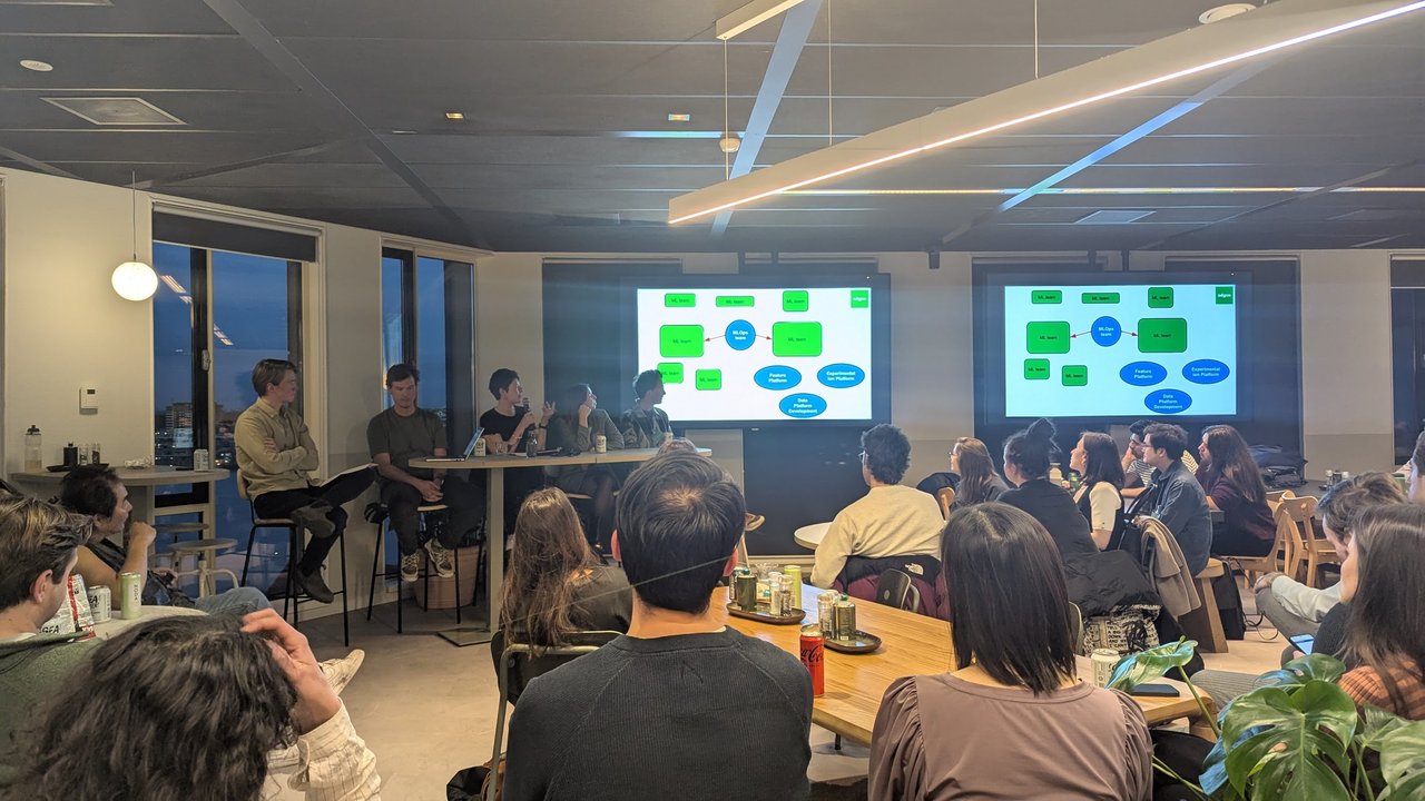 Adyen slide showing a central MLOps team linked to several ML teams, a Feature Platform, an Experimentation Platform and Data Platform Development