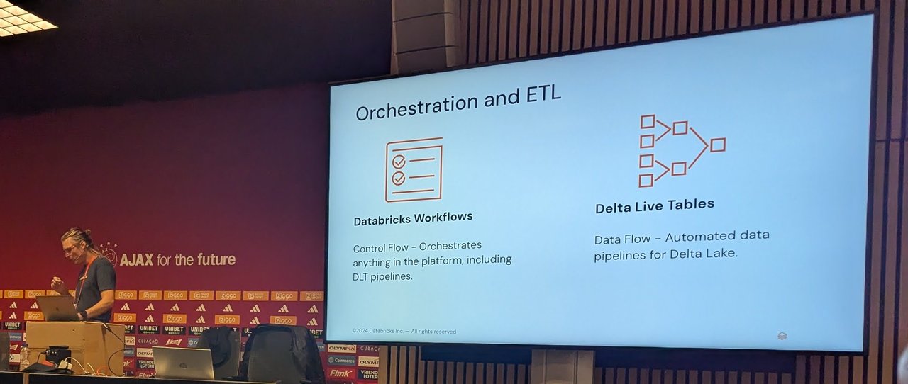Slide: Orchestration and ETL, comparing Databricks Workflows as control flow with Delta Live Tables as data flow