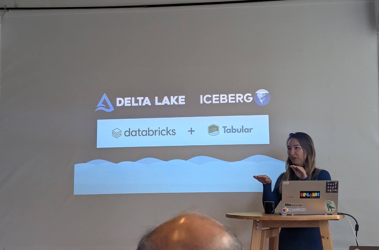 Slide showing Delta Lake and Iceberg, with Databricks plus Tabular below