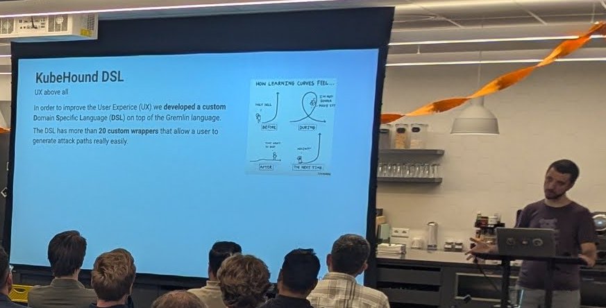 The KubeHound DSL slide explaining a custom domain specific language on top of Gremlin with more than 20 wrappers