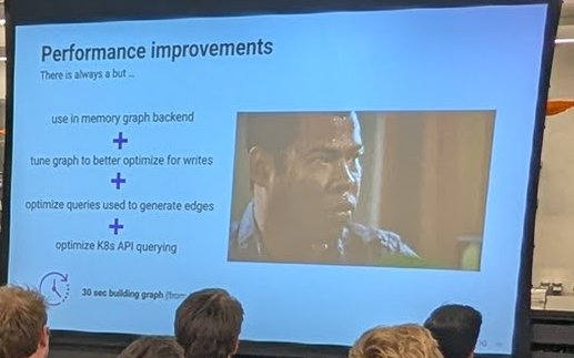 The Performance improvements slide listing an in-memory graph backend, graph tuning, query optimisation and Kubernetes API querying
