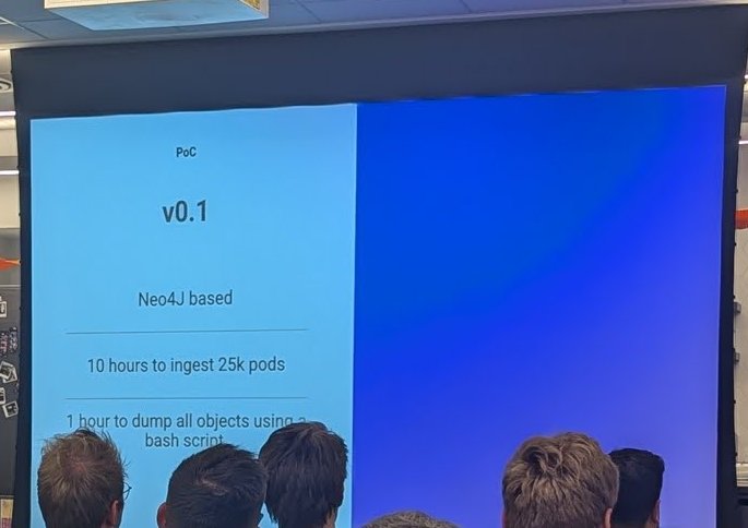 A slide titled v0.1 PoC saying Neo4J based, 10 hours to ingest 25k pods and 1 hour to dump all objects using a bash script