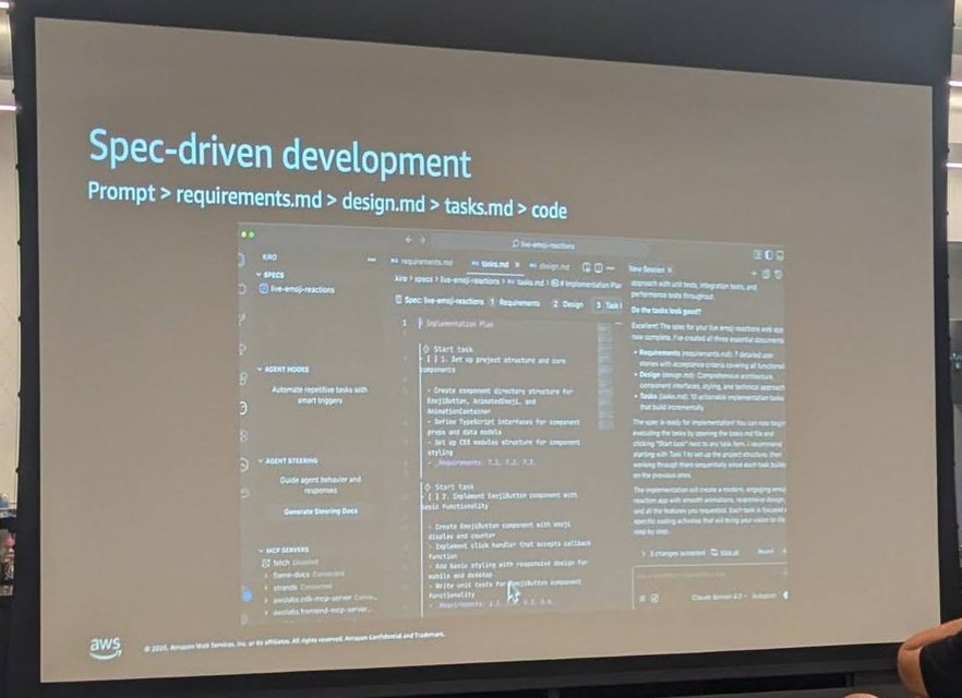 The Spec-driven development slide, Prompt to requirements.md to design.md to tasks.md to code, above a Kiro screenshot of a tasks.md implementation plan for a live-emoji-reactions spec