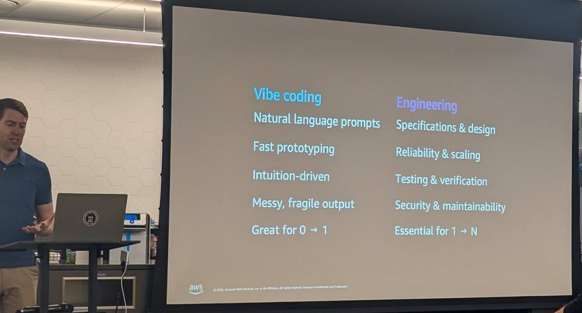 Slide comparing vibe coding (natural language prompts, fast prototyping, intuition-driven, messy fragile output, great for 0 to 1) with engineering (specifications and design, reliability and scaling, testing and verification, security and maintainability, essential for 1 to N)
