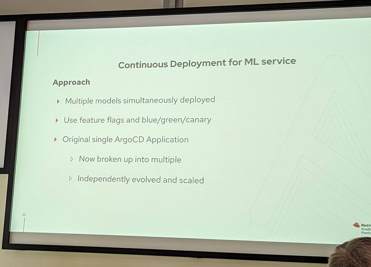 Slide "Continuous Deployment for ML service": multiple models deployed at once, feature flags and blue/green/canary, and a single Argo CD Application broken up into several