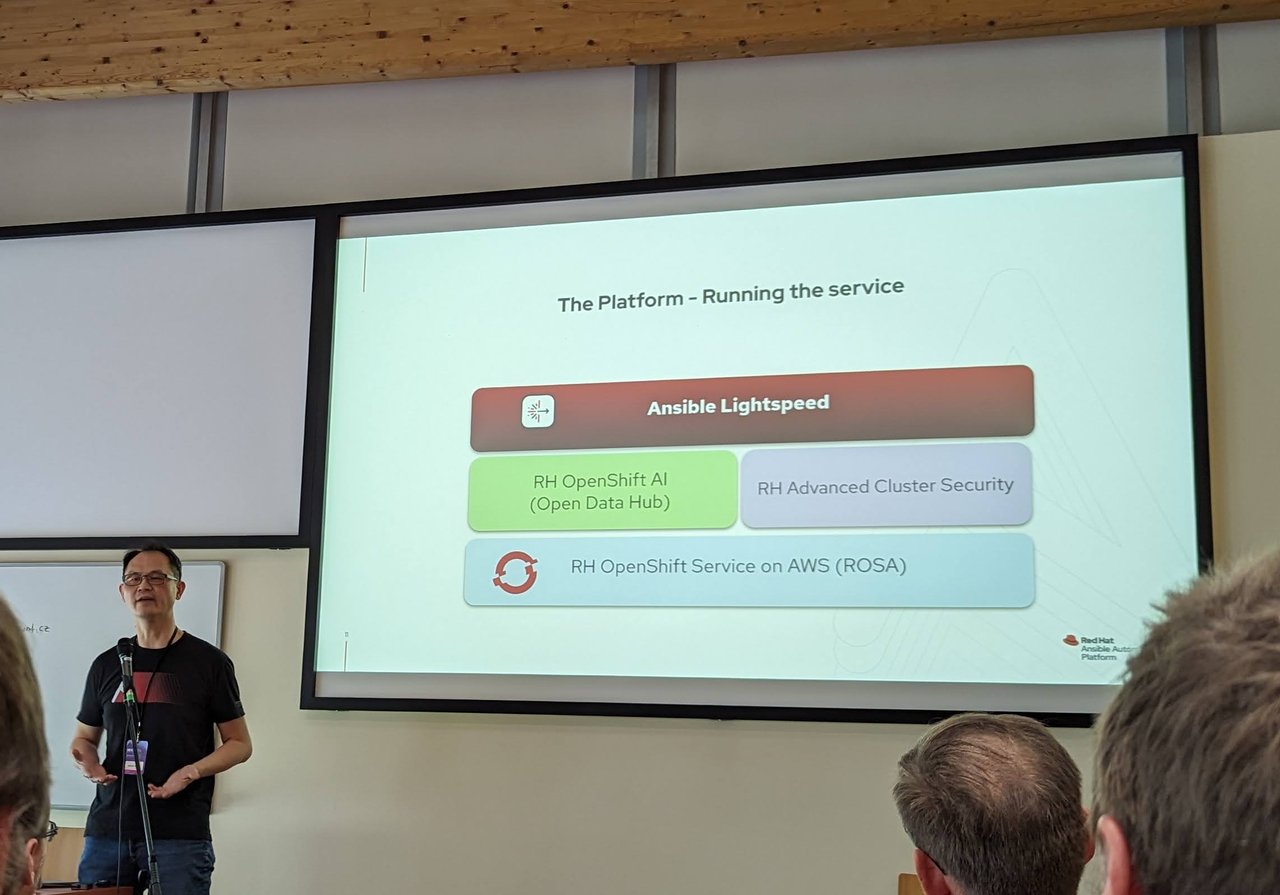 Slide "The Platform - Running the service": Ansible Lightspeed on Red Hat OpenShift AI (Open Data Hub), Red Hat Advanced Cluster Security and Red Hat OpenShift Service on AWS (ROSA)