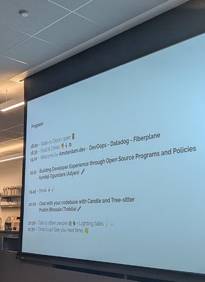 The program slide: welcome by Amsterdam.dev, DevOops, Datadog and Fiberplane, then Building Developer Experience through Open Source Programs and Policies by Ayodeji Ogundare (Adyen), a break, and Chat with your codebase with Candle and Tree-sitter by Pratim Bhosale (Treblle)