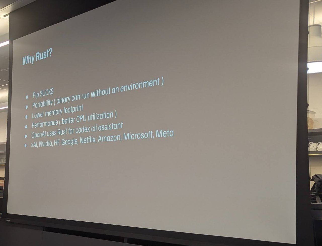 The Why Rust slide: Pip sucks, portability as a binary without an environment, lower memory footprint, better CPU use, OpenAI using Rust for its Codex CLI assistant