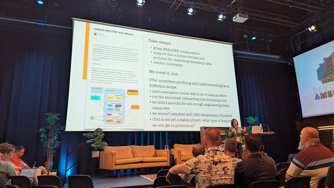 Take-aways slide from an OpenTelemetry talk at DevOpsDays Amsterdam listing benefits such as vendor neutrality and the problems the team met, such as manual instrumentation effort