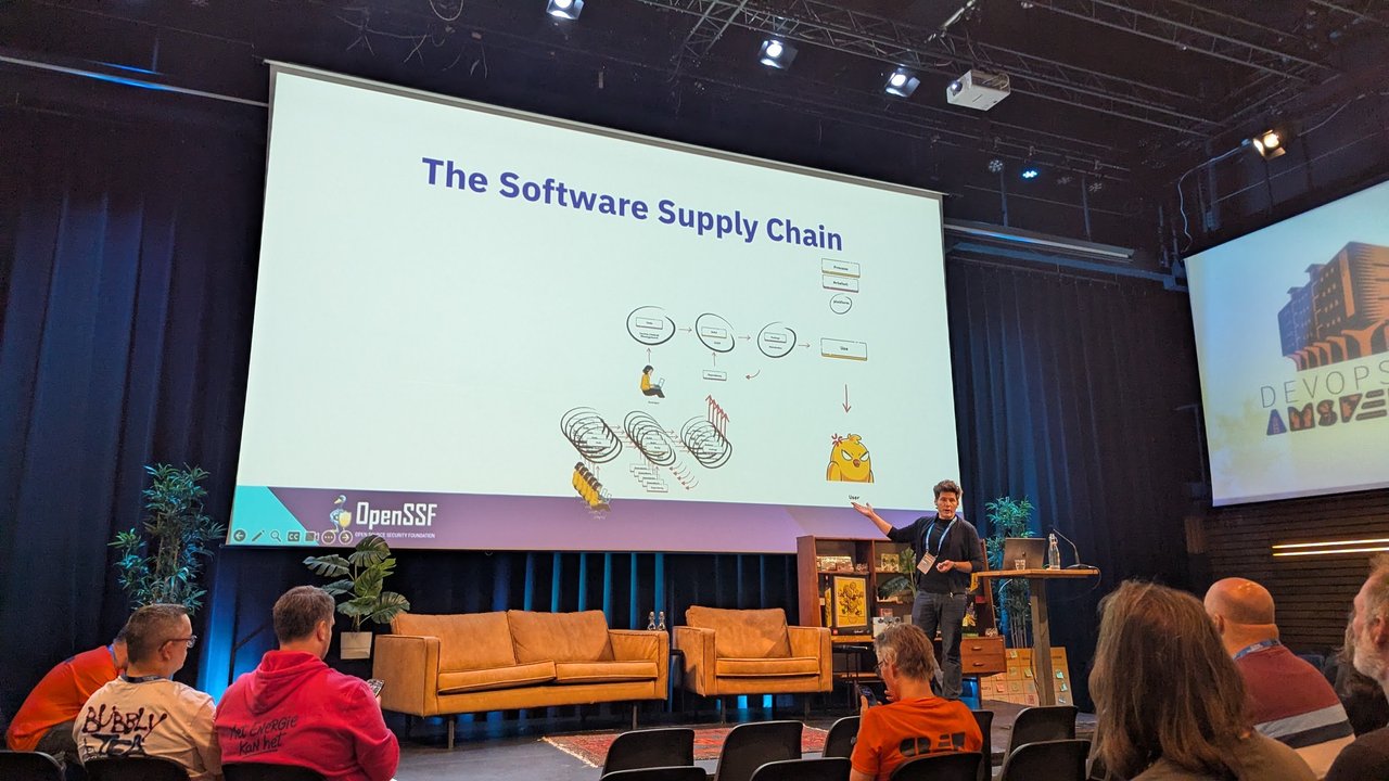 The Software Supply Chain slide from the OpenSSF talk at DevOpsDays Amsterdam, showing code, build, package and use stages with dependencies feeding in