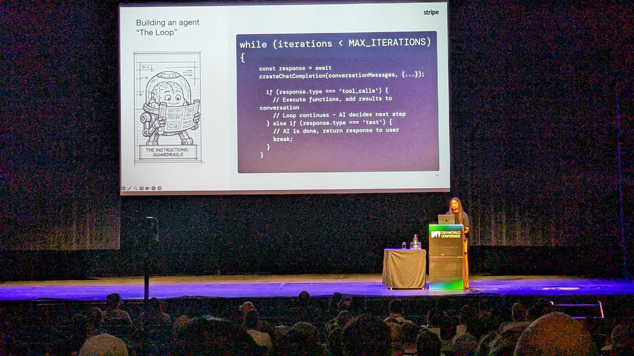 A slide titled Building an agent: The Loop, with a while loop calling createChatCompletion and handling tool_calls and text responses