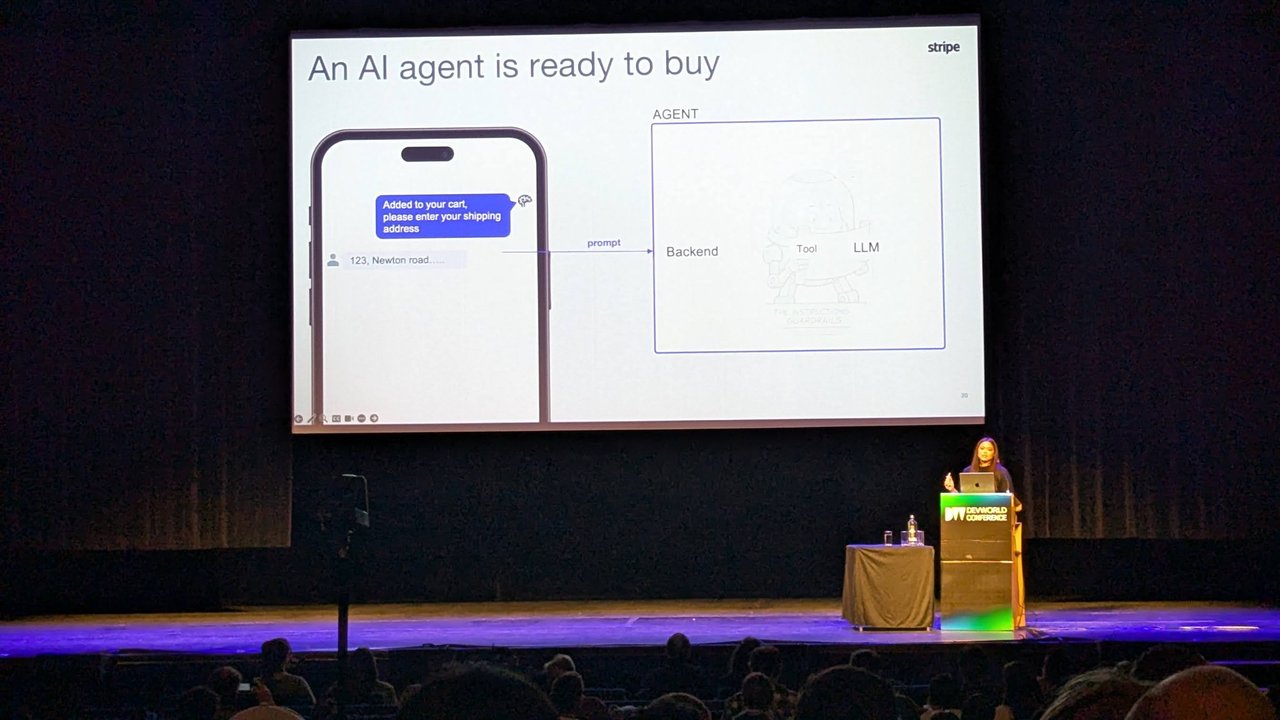 A slide titled An AI agent is ready to buy, showing a phone chat asking for a shipping address and an agent box with backend, tool and LLM