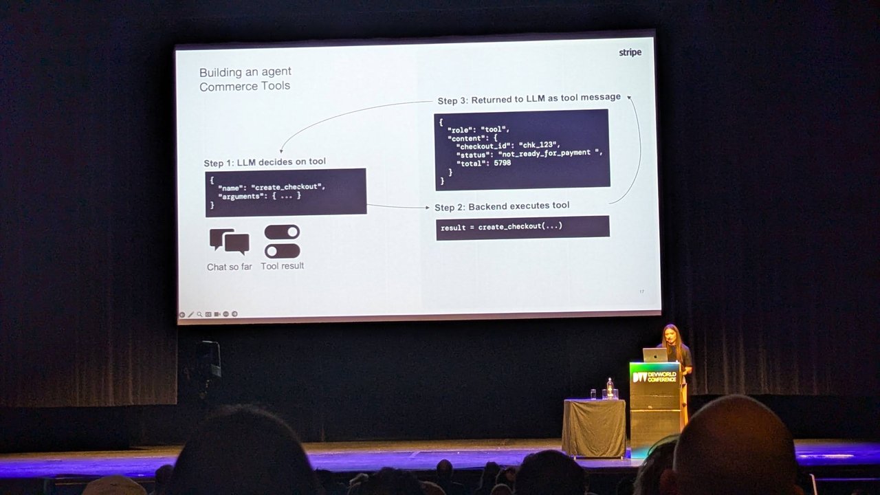 A slide titled Building an agent: Commerce Tools, showing the create_checkout tool call, backend execution and the tool result returned to the LLM
