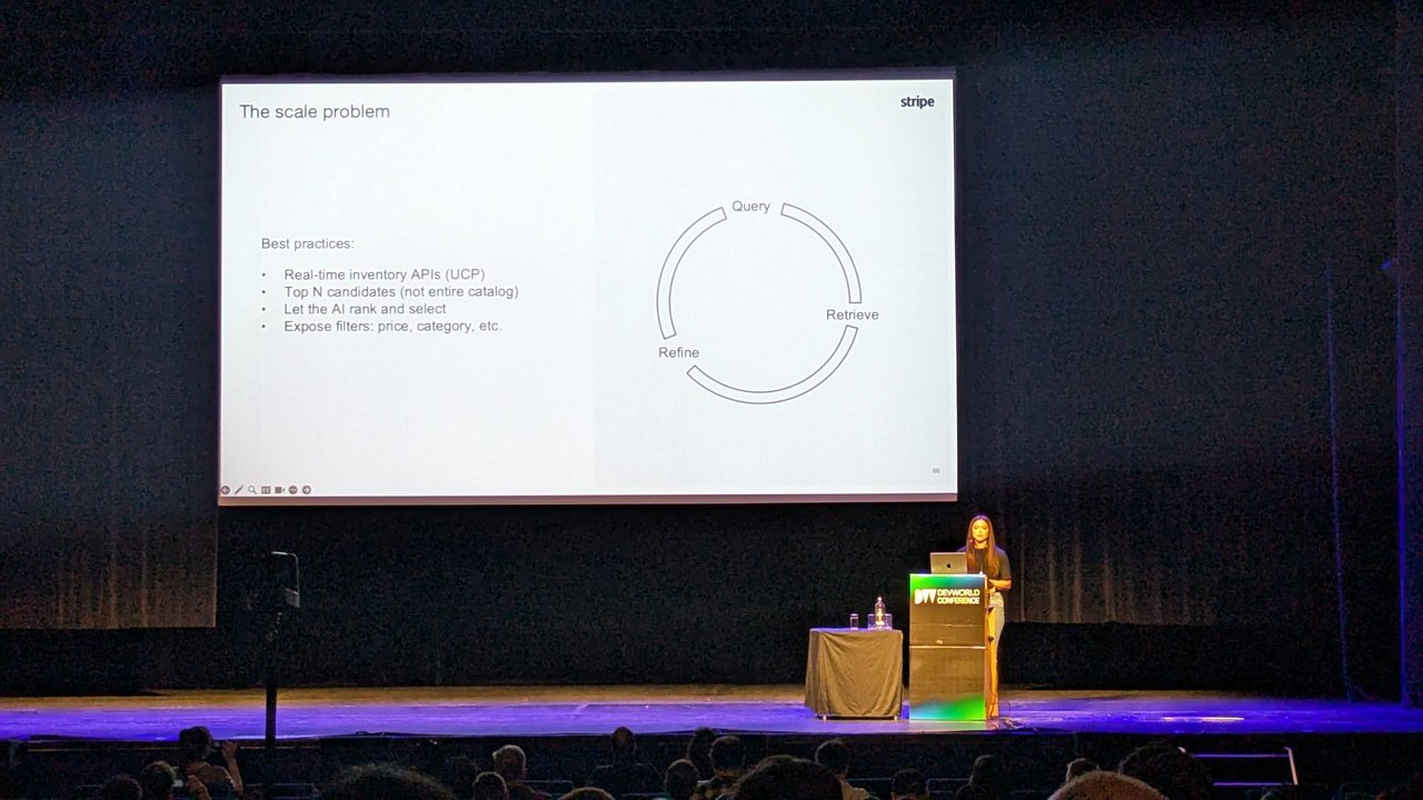 A slide titled The scale problem with best practices for agent product search and a query, retrieve, refine cycle
