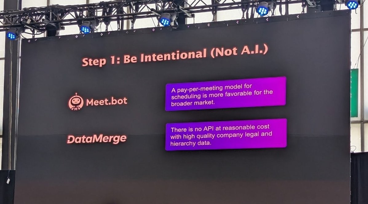 Slide Step 1: Be Intentional (Not A.I.) with Meet.bot and DataMerge and one-line rationales