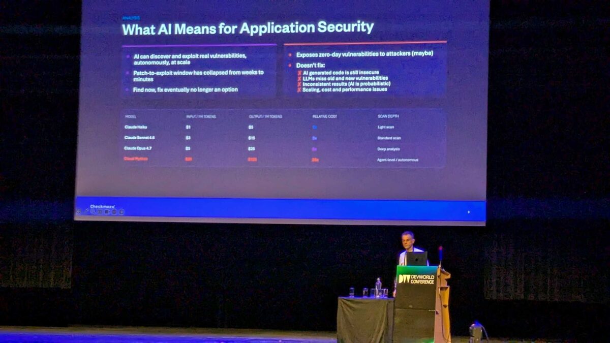 Checkmarx presentation at DevWorld Conference 2026 showing Discovery Got Easier Exploitation Got Faster slide
