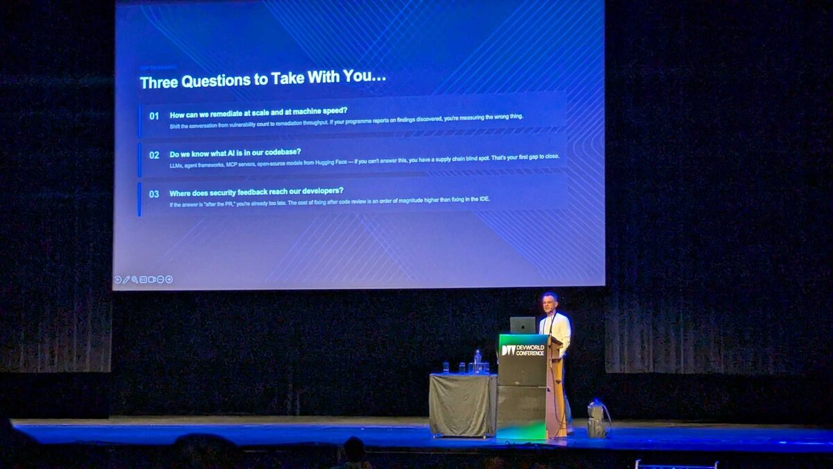 Three Questions to Take With You closing slide at DevWorld 2026