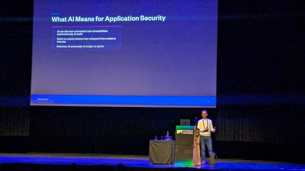 Wide shot of Checkmarx presentation at DevWorld Conference 2026 theater