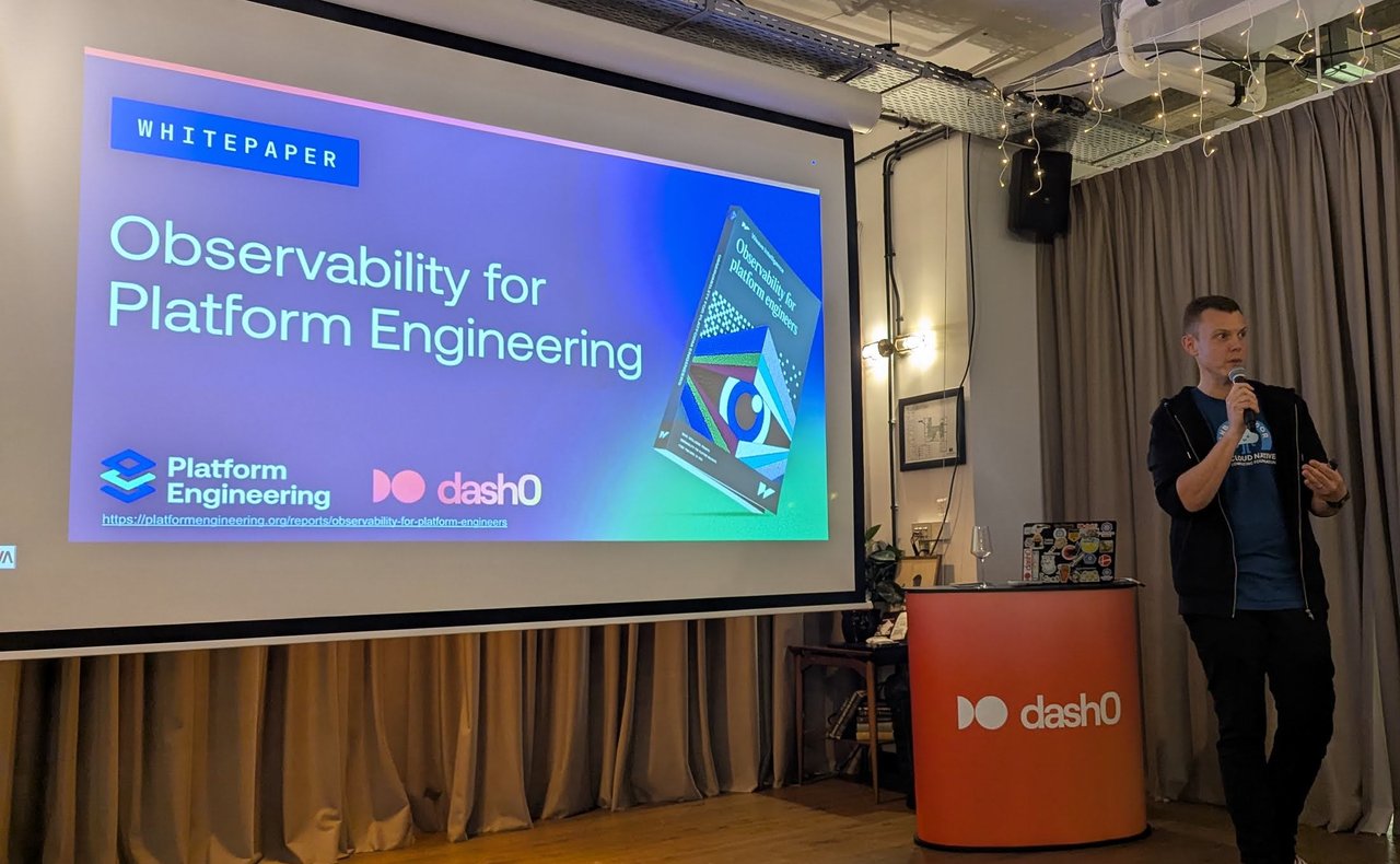 Kasper Borg Nissen next to a slide titled Whitepaper, Observability for Platform Engineering, with the Platform Engineering and Dash0 logos and the report URL