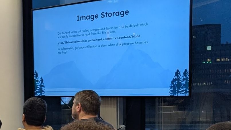 Slide Image Storage: containerd stores all pulled compressed layers on disk by default, under /var/lib/containerd/io.containerd.content.v1.content/blobs, and Kubernetes garbage-collects them under disk pressure