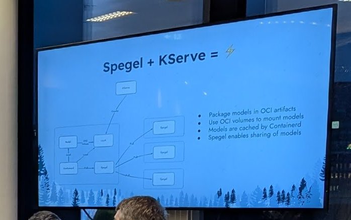 Slide Spegel + KServe on the side screen: a diagram of KServe and containerd on a node with several Spegel instances, and bullets on packaging models in OCI artifacts, mounting them with OCI volumes, containerd caching and Spegel sharing