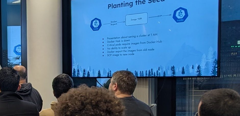 Slide Planting the Seed: a diagram of a node exporting a Docker image to an image TAR and copying it with SCP to another node, with bullets about Docker Hub being down at 1 AM