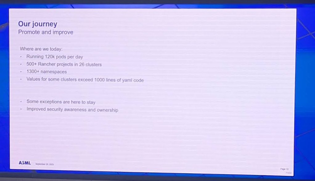 ASML slide Our journey, Promote and improve: running 120k pods per day, 500+ Rancher projects in 26 clusters, 1300+ namespaces, values for some clusters exceed 1000 lines of yaml code